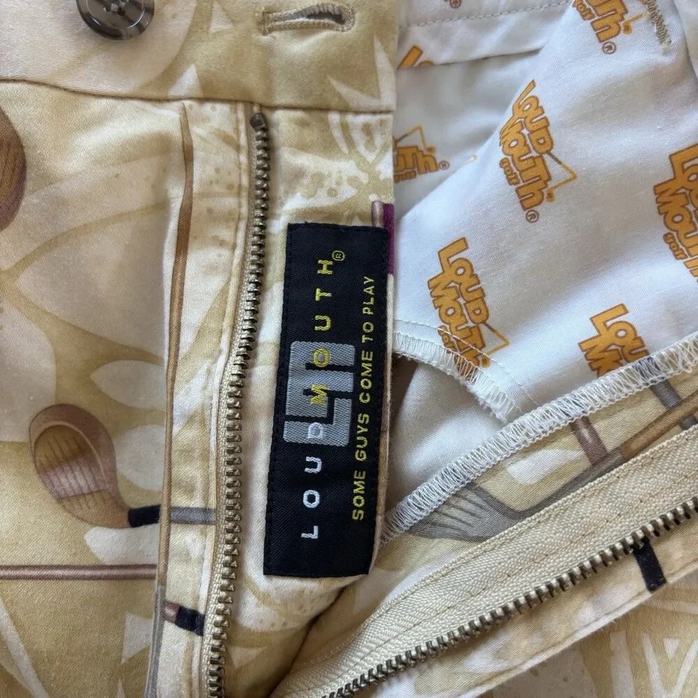 Loudmouth Men’s Golf Shorts 38 Club Print Tan Bermuda 11” Preppy Country Club